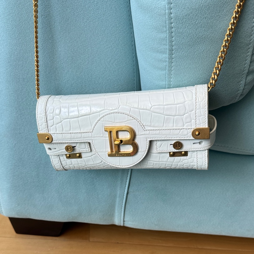 Balmain Ivory Croc-Embossed Clutch with Gold Accents